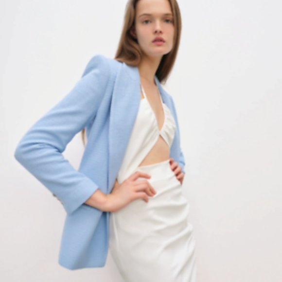 ZARA WOMEN NEW SKY BLUE Textured Weave Jacket Tweed Blazer 7822/480 XS - Picture 5 of 8